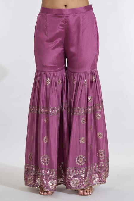 Buy_Meenagurnam_Purple Chiffon Sequins, Beads Round Neck Gul Embroidered Kurti Sharara Set _Online_at_Aza_Fashions