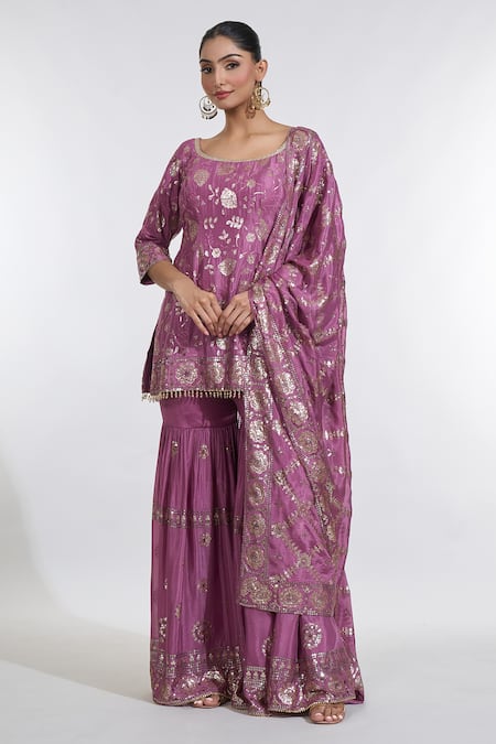 Shop_Meenagurnam_Purple Chiffon Sequins, Beads Round Neck Gul Embroidered Kurti Sharara Set _Online_at_Aza_Fashions