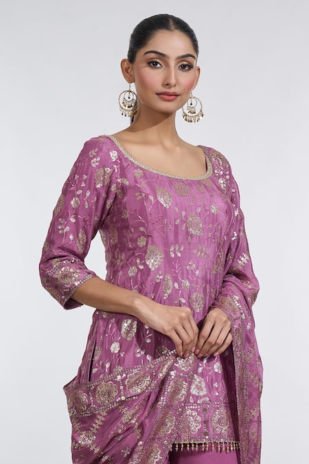 Meenagurnam_Purple Chiffon Sequins, Beads Round Neck Gul Embroidered Kurti Sharara Set _at_Aza_Fashions