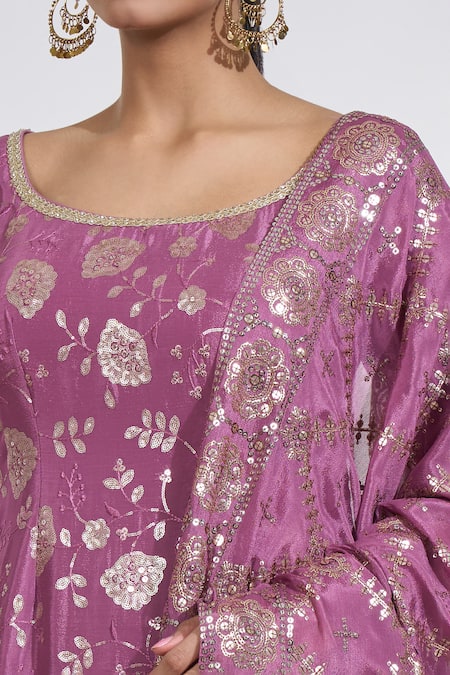 Buy_Meenagurnam_Purple Chiffon Sequins, Beads Round Neck Gul Embroidered Kurti Sharara Set 