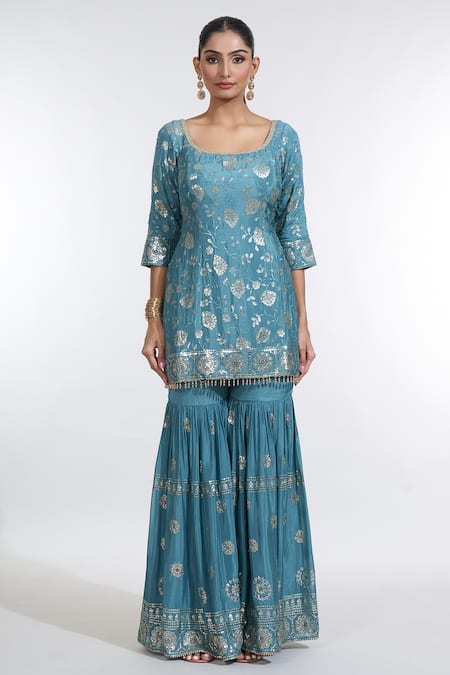 Meenagurnam_Blue Chiffon Sequins, Beads Round Neck Phool Embroidered Kurti Sharara Set_Online_at_Aza_Fashions