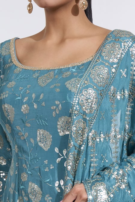 Buy_Meenagurnam_Blue Chiffon Sequins, Beads Round Neck Phool Embroidered Kurti Sharara Set_Online_at_Aza_Fashions