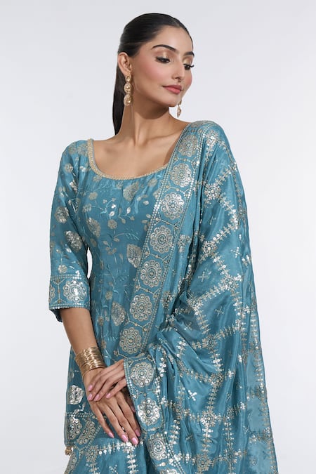 Buy_Meenagurnam_Blue Chiffon Sequins, Beads Round Neck Phool Embroidered Kurti Sharara Set