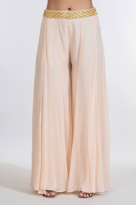 Meenagurnam_Peach Net, Georgette Sequins, Cut Work Sunny Bloom Embroidered Cape Sharara Set _Online_at_Aza_Fashions