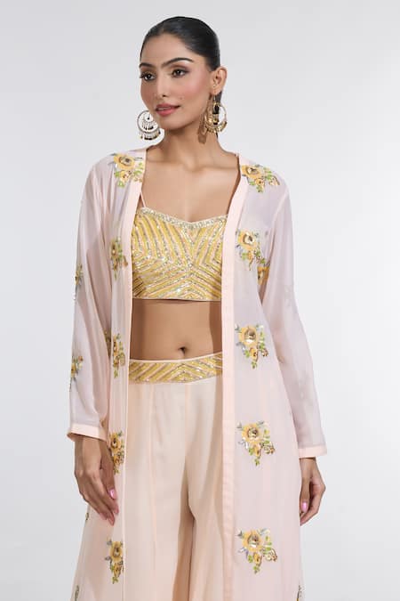 Buy_Meenagurnam_Peach Net, Georgette Sequins, Cut Work Sunny Bloom Embroidered Cape Sharara Set _Online_at_Aza_Fashions