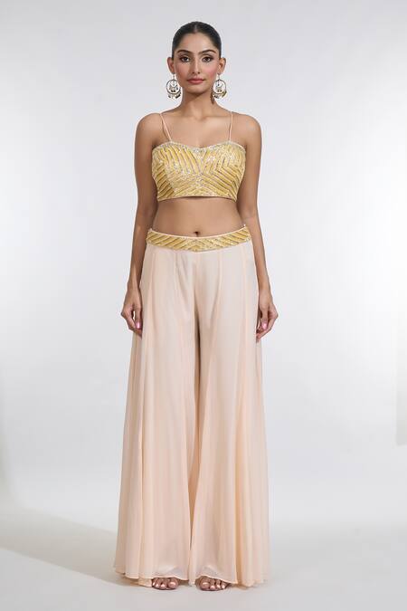 Shop_Meenagurnam_Peach Net, Georgette Sequins, Cut Work Sunny Bloom Embroidered Cape Sharara Set _Online_at_Aza_Fashions