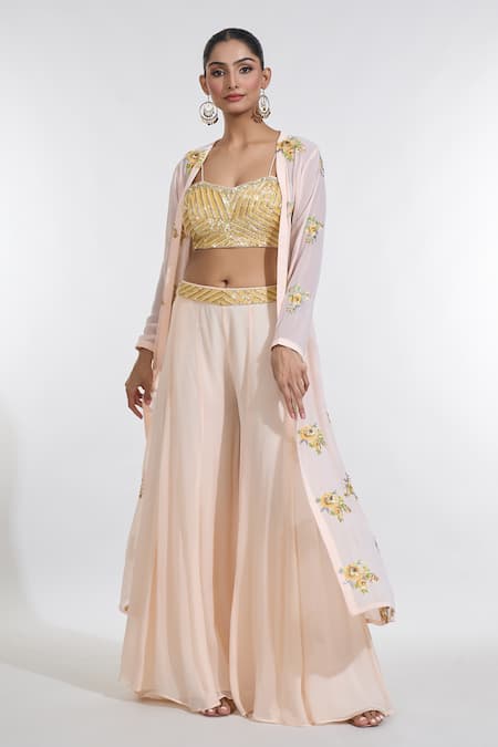 Meenagurnam_Peach Net, Georgette Sequins, Cut Work Sunny Bloom Embroidered Cape Sharara Set _at_Aza_Fashions