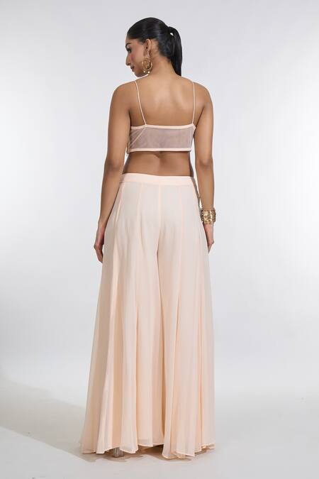 Buy_Meenagurnam_Peach Net, Georgette Sequins, Cut Work Sunny Bloom Embroidered Cape Sharara Set 