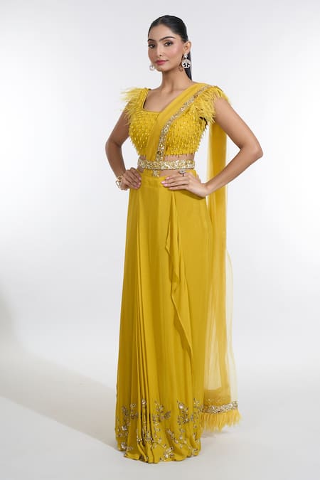 Buy_Meenagurnam_Yellow Net, Georgette Confetti Border Embellished Pre-draped Skirt Saree Set _Online_at_Aza_Fashions