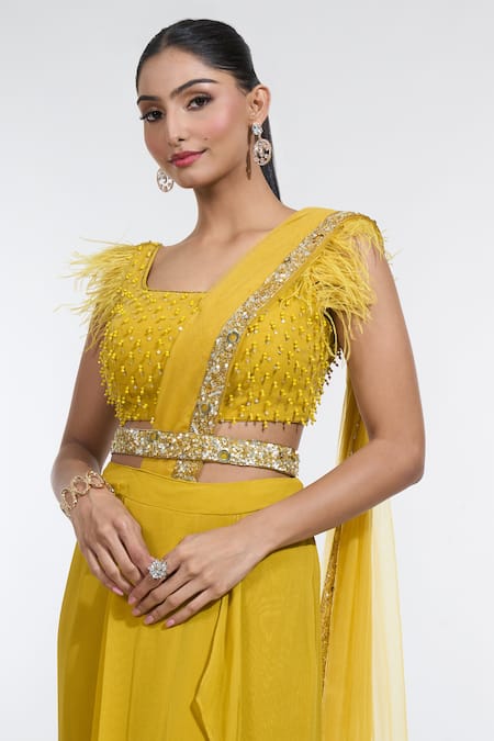 Shop_Meenagurnam_Yellow Net, Georgette Confetti Border Embellished Pre-draped Skirt Saree Set _Online_at_Aza_Fashions