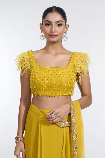 Buy_Meenagurnam_Yellow Net, Georgette Confetti Border Embellished Pre-draped Skirt Saree Set 
