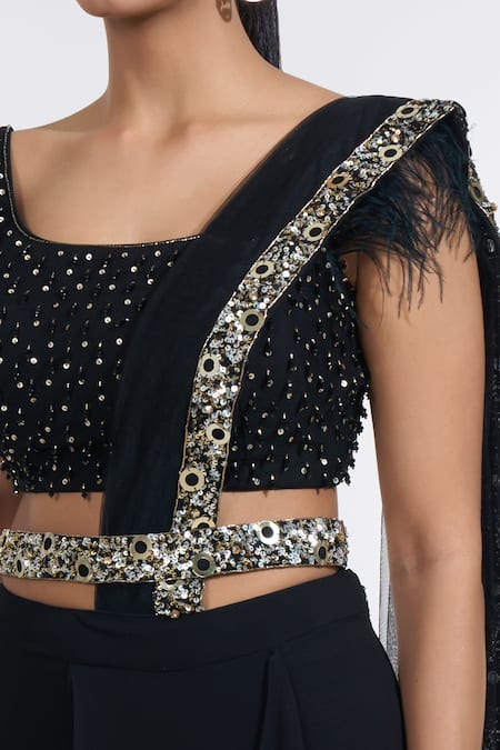 Meenagurnam_Black Net, Georgette Glitzy Border Embellished Pre-draped Skirt Saree Set _Online_at_Aza_Fashions