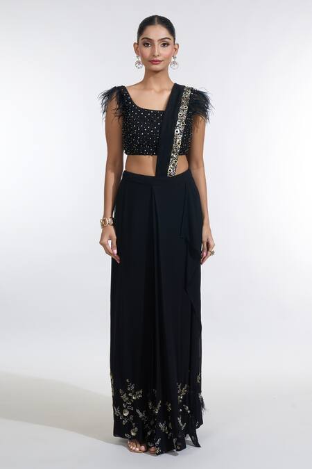 Shop_Meenagurnam_Black Net, Georgette Glitzy Border Embellished Pre-draped Skirt Saree Set _Online_at_Aza_Fashions