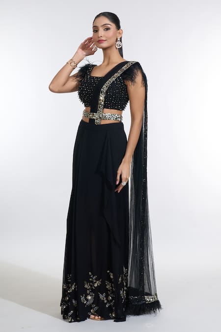 Meenagurnam_Black Net, Georgette Glitzy Border Embellished Pre-draped Skirt Saree Set _at_Aza_Fashions
