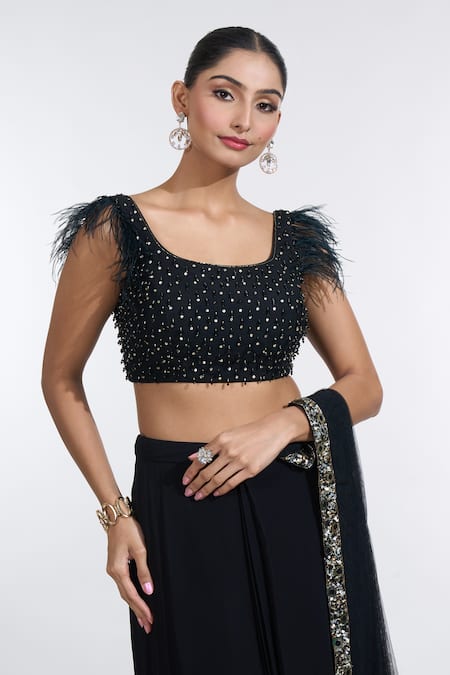 Shop_Meenagurnam_Black Net, Georgette Glitzy Border Embellished Pre-draped Skirt Saree Set 