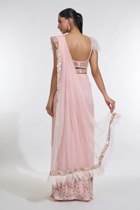 Shop Meenagurnam Pink Net, Georgette Carnival Border Embellished Pre-draped Skirt Saree Set at Aza Fashions Shop_Meenagurnam_Pink Net, Georgette Carnival Border Embellished Pre-draped Skirt Saree Set _at_Aza_Fashions