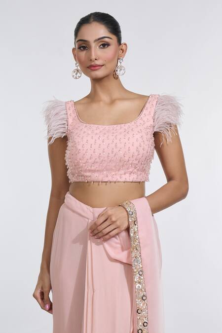 Meenagurnam Pink Net, Georgette Carnival Border Embellished Pre-draped Skirt Saree Set Online at Aza Fashions Meenagurnam_Pink Net, Georgette Carnival Border Embellished Pre-draped Skirt Saree Set _Online_at_Aza_Fashions