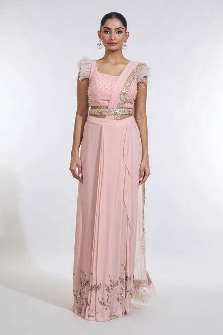 Buy Meenagurnam Pink Net, Georgette Carnival Border Embellished Pre-draped Skirt Saree Set Online at Aza Fashions Buy_Meenagurnam_Pink Net, Georgette Carnival Border Embellished Pre-draped Skirt Saree Set _Online_at_Aza_Fashions