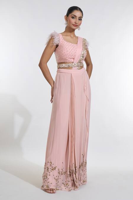 Shop Meenagurnam Pink Net, Georgette Carnival Border Embellished Pre-draped Skirt Saree Set Online at Aza Fashions Shop_Meenagurnam_Pink Net, Georgette Carnival Border Embellished Pre-draped Skirt Saree Set _Online_at_Aza_Fashions