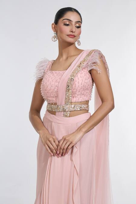 Meenagurnam Pink Net, Georgette Carnival Border Embellished Pre-draped Skirt Saree Set at Aza Fashions Meenagurnam_Pink Net, Georgette Carnival Border Embellished Pre-draped Skirt Saree Set _at_Aza_Fashions