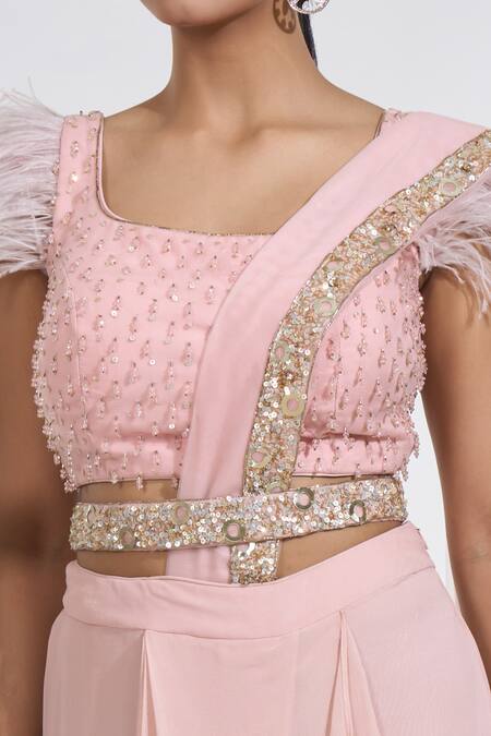 Buy Meenagurnam Pink Net, Georgette Carnival Border Embellished Pre-draped Skirt Saree Set Buy_Meenagurnam_Pink Net, Georgette Carnival Border Embellished Pre-draped Skirt Saree Set