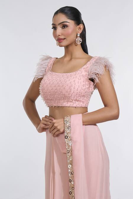 Shop Meenagurnam Pink Net, Georgette Carnival Border Embellished Pre-draped Skirt Saree Set Shop_Meenagurnam_Pink Net, Georgette Carnival Border Embellished Pre-draped Skirt Saree Set