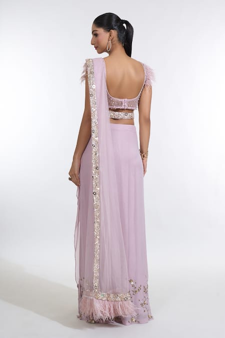 Shop Meenagurnam Purple Net, Georgette Blast Border Embellished Pre-draped Skirt Saree Set at Aza Fashions Shop_Meenagurnam_Purple Net, Georgette Blast Border Embellished Pre-draped Skirt Saree Set _at_Aza_Fashions