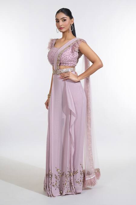 Buy Meenagurnam Purple Net, Georgette Blast Border Embellished Pre-draped Skirt Saree Set Online at Aza Fashions Buy_Meenagurnam_Purple Net, Georgette Blast Border Embellished Pre-draped Skirt Saree Set _Online_at_Aza_Fashions