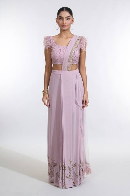 Shop Meenagurnam Purple Net, Georgette Blast Border Embellished Pre-draped Skirt Saree Set Online at Aza Fashions Shop_Meenagurnam_Purple Net, Georgette Blast Border Embellished Pre-draped Skirt Saree Set _Online_at_Aza_Fashions