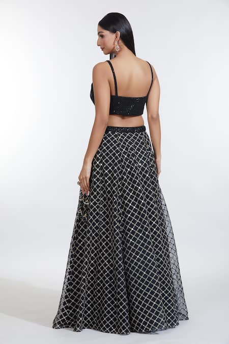 Shop Meenagurnam Black Net Sequins, Zari Sweetheart Neck Crest Jaal Embroidered Lehenga Set at Aza Fashions Shop_Meenagurnam_Black Net Sequins, Zari Sweetheart Neck Crest Jaal Embroidered Lehenga Set _at_Aza_Fashions