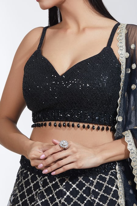 Shop Meenagurnam Black Net Sequins, Zari Sweetheart Neck Crest Jaal Embroidered Lehenga Set Online at Aza Fashions Shop_Meenagurnam_Black Net Sequins, Zari Sweetheart Neck Crest Jaal Embroidered Lehenga Set _Online_at_Aza_Fashions