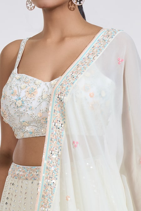Shop_Meenagurnam_Ivory Net Beads, Sequins, Mirrors Sweetheart Neck Ray Embroidered Lehenga Set _Online_at_Aza_Fashions
