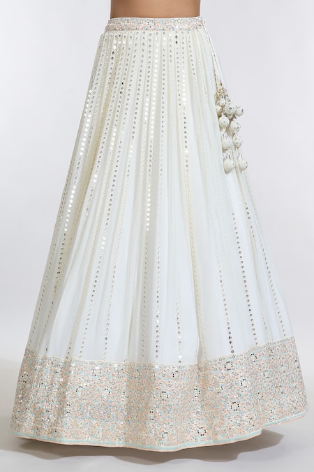 Meenagurnam_Ivory Net Beads, Sequins, Mirrors Sweetheart Neck Ray Embroidered Lehenga Set _at_Aza_Fashions