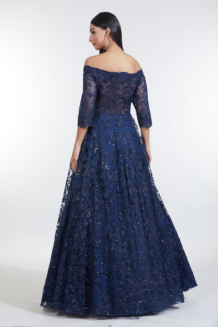 Meenagurnam Iris Bloom Resham Embroidered Off Shoulder Gown 