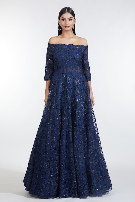 Meenagurnam Blue Net Sequins, Embroidery Off-shoulder Iris Bloom Resham Off Gown Online at Aza Fashions Meenagurnam_Blue Net Sequins, Embroidery Off-shoulder Iris Bloom Resham Off Gown _Online_at_Aza_Fashions