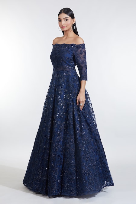 Buy Meenagurnam Blue Net Sequins, Embroidery Off-shoulder Iris Bloom Resham Off Gown Online at Aza Fashions Buy_Meenagurnam_Blue Net Sequins, Embroidery Off-shoulder Iris Bloom Resham Off Gown _Online_at_Aza_Fashions