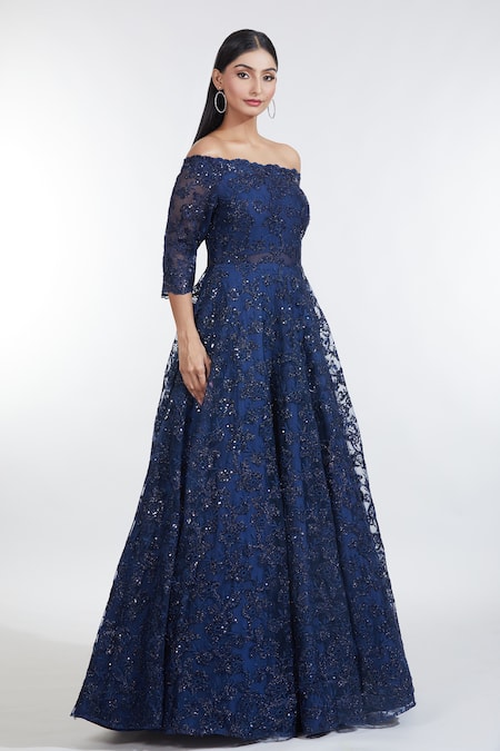 Shop Meenagurnam Blue Net Sequins, Embroidery Off-shoulder Iris Bloom Resham Off Gown Online at Aza Fashions Shop_Meenagurnam_Blue Net Sequins, Embroidery Off-shoulder Iris Bloom Resham Off Gown _Online_at_Aza_Fashions