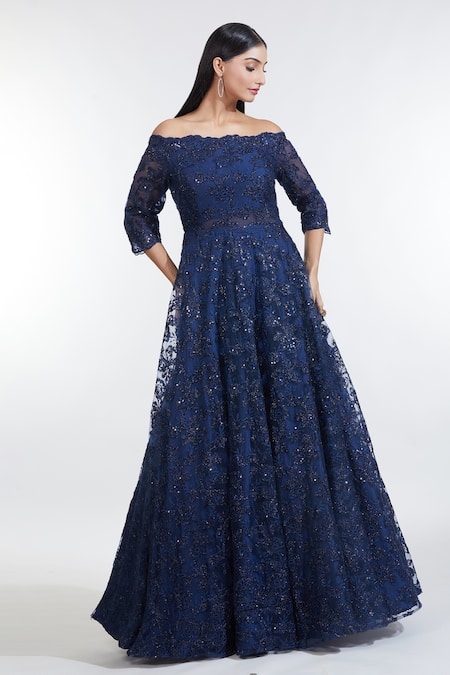 Meenagurnam Blue Net Sequins, Embroidery Off-shoulder Iris Bloom Resham Off Gown at Aza Fashions Meenagurnam_Blue Net Sequins, Embroidery Off-shoulder Iris Bloom Resham Off Gown _at_Aza_Fashions