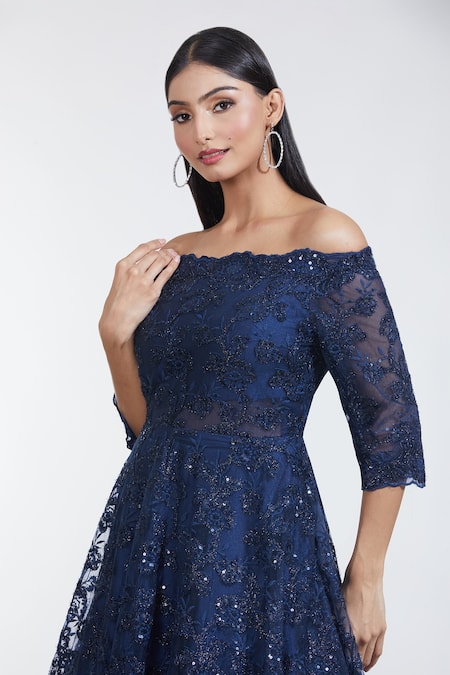 Buy Meenagurnam Blue Net Sequins, Embroidery Off-shoulder Iris Bloom Resham Off Gown Buy_Meenagurnam_Blue Net Sequins, Embroidery Off-shoulder Iris Bloom Resham Off Gown