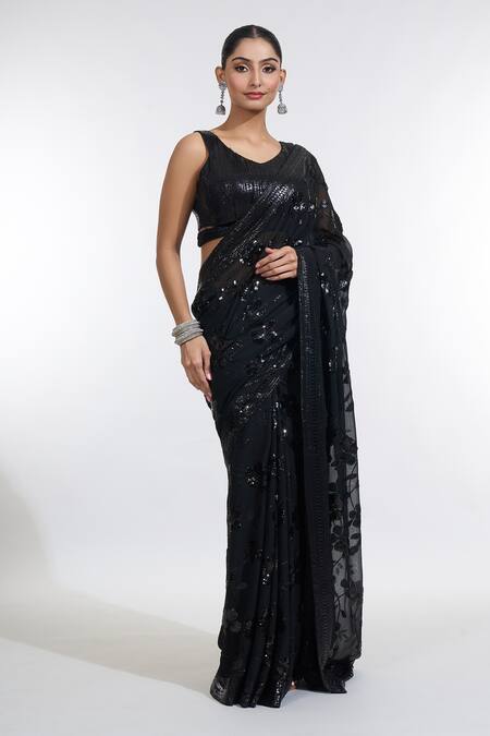 Meenagurnam_Black Georgette Sequins Boat Neck Musk Bloom Embroidered Saree With Blouse _Online_at_Aza_Fashions