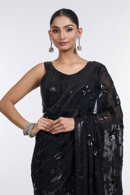 Buy_Meenagurnam_Black Georgette Sequins Boat Neck Musk Bloom Embroidered Saree With Blouse _Online_at_Aza_Fashions