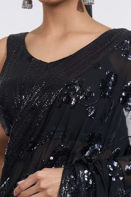 Shop_Meenagurnam_Black Georgette Sequins Boat Neck Musk Bloom Embroidered Saree With Blouse _Online_at_Aza_Fashions
