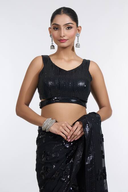 Meenagurnam_Black Georgette Sequins Boat Neck Musk Bloom Embroidered Saree With Blouse _at_Aza_Fashions