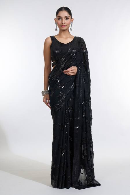 Buy_Meenagurnam_Black Georgette Sequins Boat Neck Musk Bloom Embroidered Saree With Blouse 