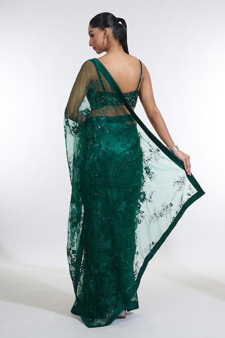 Shop Meenagurnam Green Net Sequins, Embroidery Sweetheart Neck Ambrosia Saree With Blouse at Aza Fashions Shop_Meenagurnam_Green Net Sequins, Embroidery Sweetheart Neck Ambrosia Saree With Blouse _at_Aza_Fashions