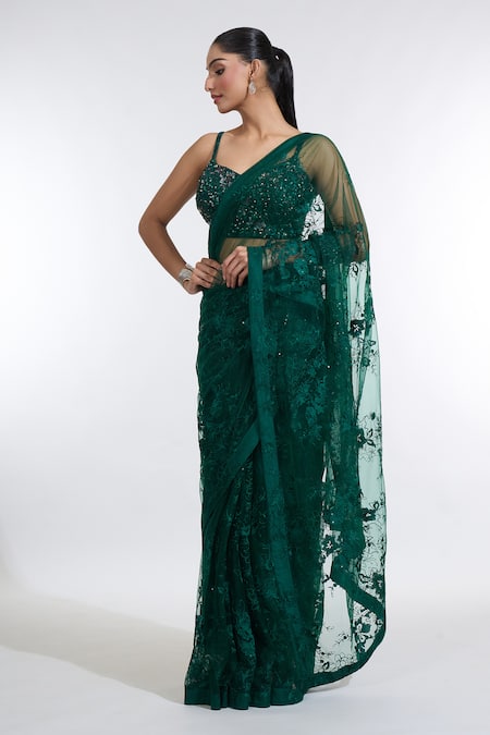 Meenagurnam Green Net Sequins, Embroidery Sweetheart Neck Ambrosia Saree With Blouse Online at Aza Fashions Meenagurnam_Green Net Sequins, Embroidery Sweetheart Neck Ambrosia Saree With Blouse _Online_at_Aza_Fashions