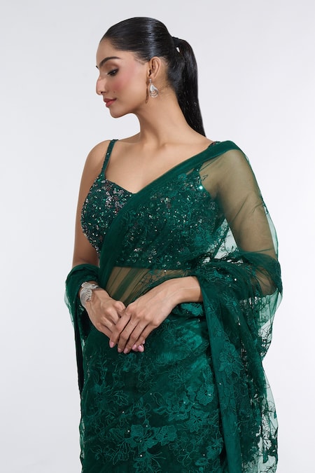 Shop Meenagurnam Green Net Sequins, Embroidery Sweetheart Neck Ambrosia Saree With Blouse Online at Aza Fashions Shop_Meenagurnam_Green Net Sequins, Embroidery Sweetheart Neck Ambrosia Saree With Blouse _Online_at_Aza_Fashions