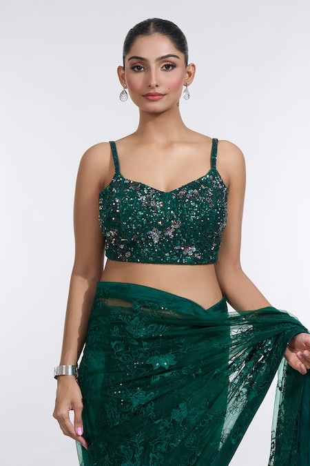 Meenagurnam Green Net Sequins, Embroidery Sweetheart Neck Ambrosia Saree With Blouse at Aza Fashions Meenagurnam_Green Net Sequins, Embroidery Sweetheart Neck Ambrosia Saree With Blouse _at_Aza_Fashions