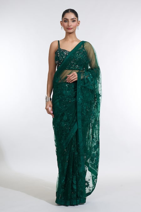 Buy Meenagurnam Green Net Sequins, Embroidery Sweetheart Neck Ambrosia Saree With Blouse Buy_Meenagurnam_Green Net Sequins, Embroidery Sweetheart Neck Ambrosia Saree With Blouse