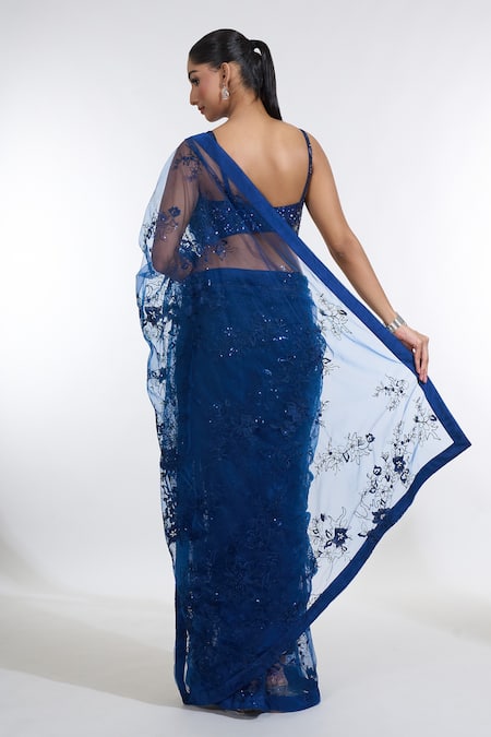 Shop Meenagurnam Blue Net Sequins, Embroidery Sweetheart Neck Iris Saree With Blouse at Aza Fashions Shop_Meenagurnam_Blue Net Sequins, Embroidery Sweetheart Neck Iris Saree With Blouse _at_Aza_Fashions